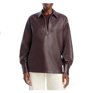 Rebecca Taylor Faux Leather Zippered Pullover Cuffed Sleeve Collared Top Brown M